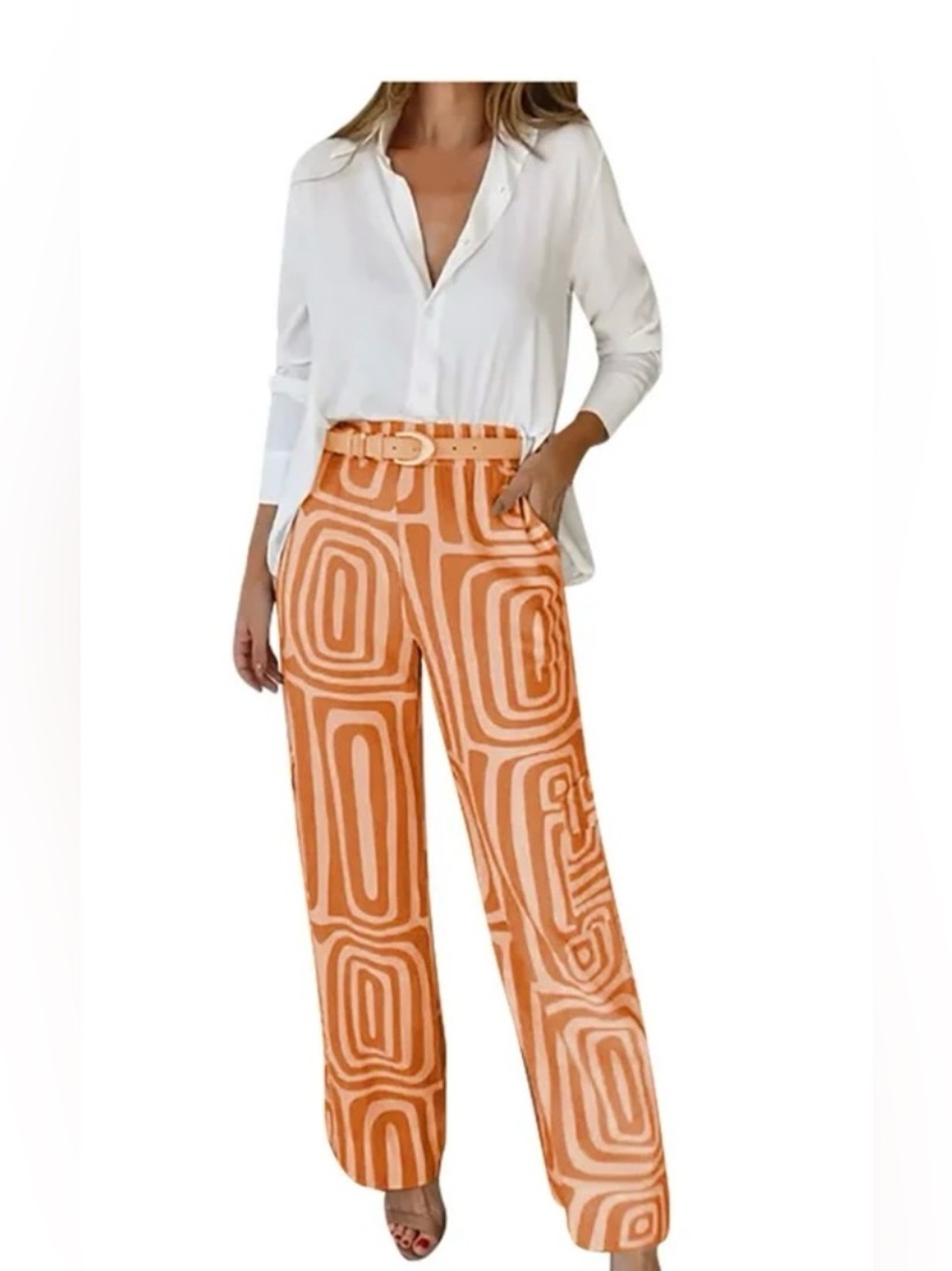 Micas Women's Orange Geometric Wide-Leg Pants and white shirt set size L BNWT